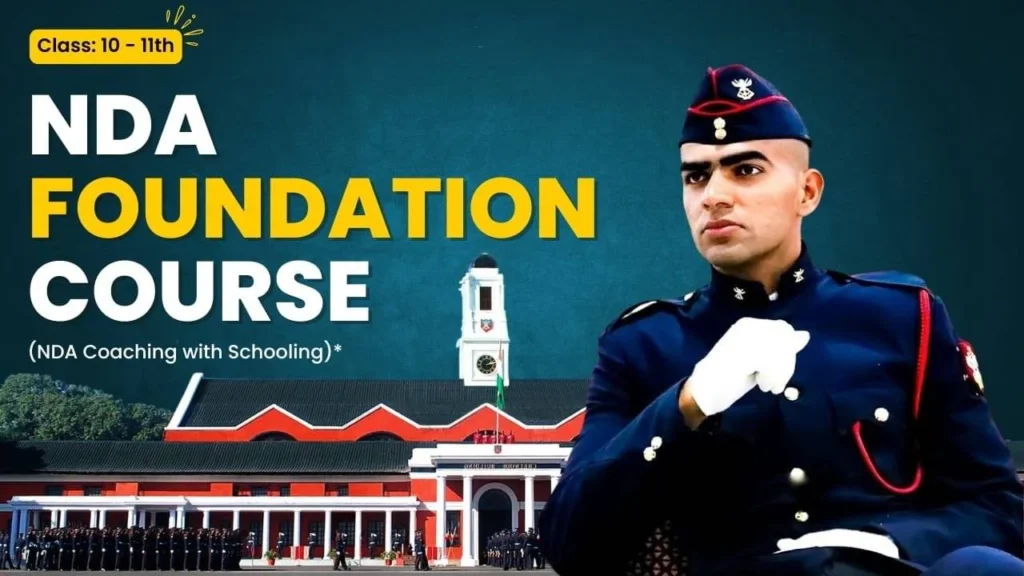 Cadet in ceremonial uniform beside academy building, promoting NDA Foundation Course for 11th and 12th at Dehradun Military Academy.