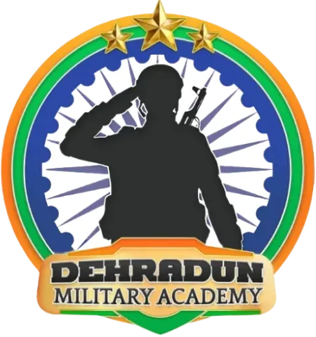 Round DMA emblem: saluting soldier silhouette over the Ashoka chakra