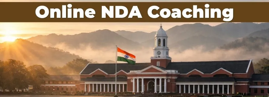 Online NDA coaching banner with a colonial academy building at sunrise