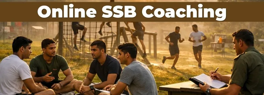Online SSB coaching banner with candidates discussing during an outdoor task
