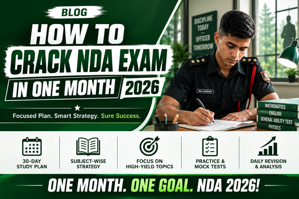 NDA aspirants studying for the UPSC NDA 2026 exam with books, notes, and mock tests during a 30-day preparation plan.