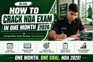 NDA aspirants studying for the UPSC NDA 2026 exam with books, notes, and mock tests during a 30-day preparation plan.