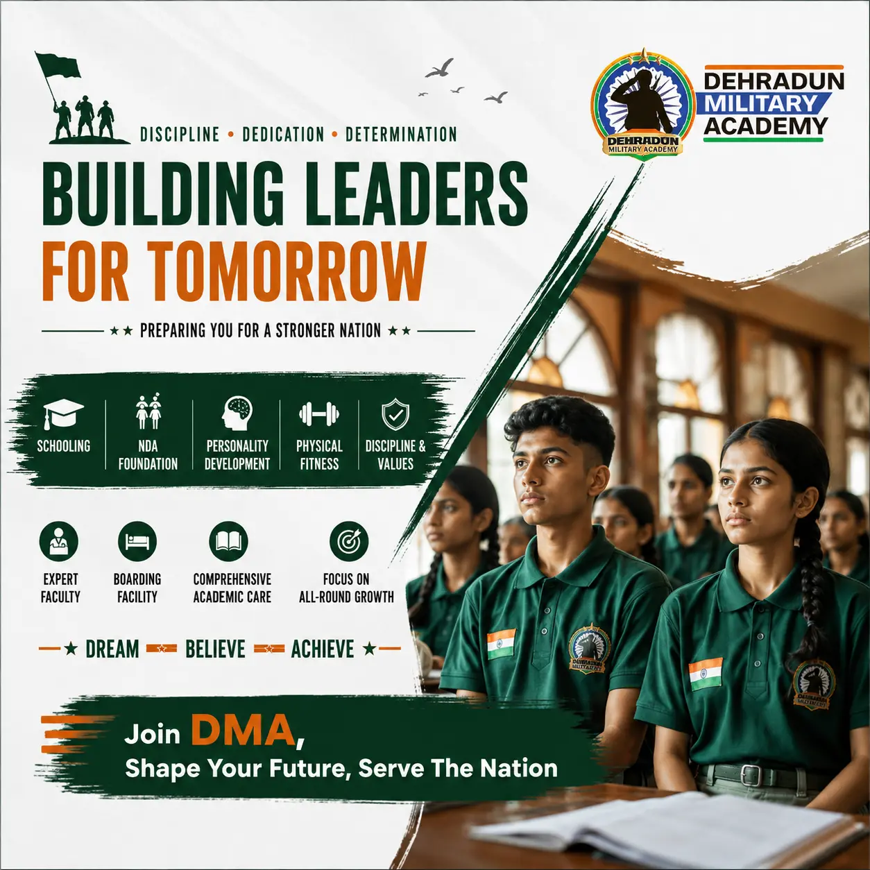 Building Leaders for Tomorrow banner showing DMA students in green uniforms in a classroom